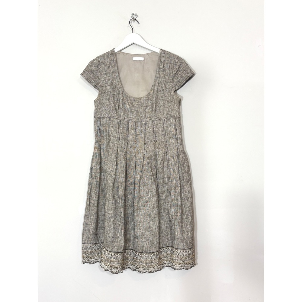 Badgley‎ Mischka Tweed Beaded Hem Dress Brown Tan Short Sleeve Cotton Blend